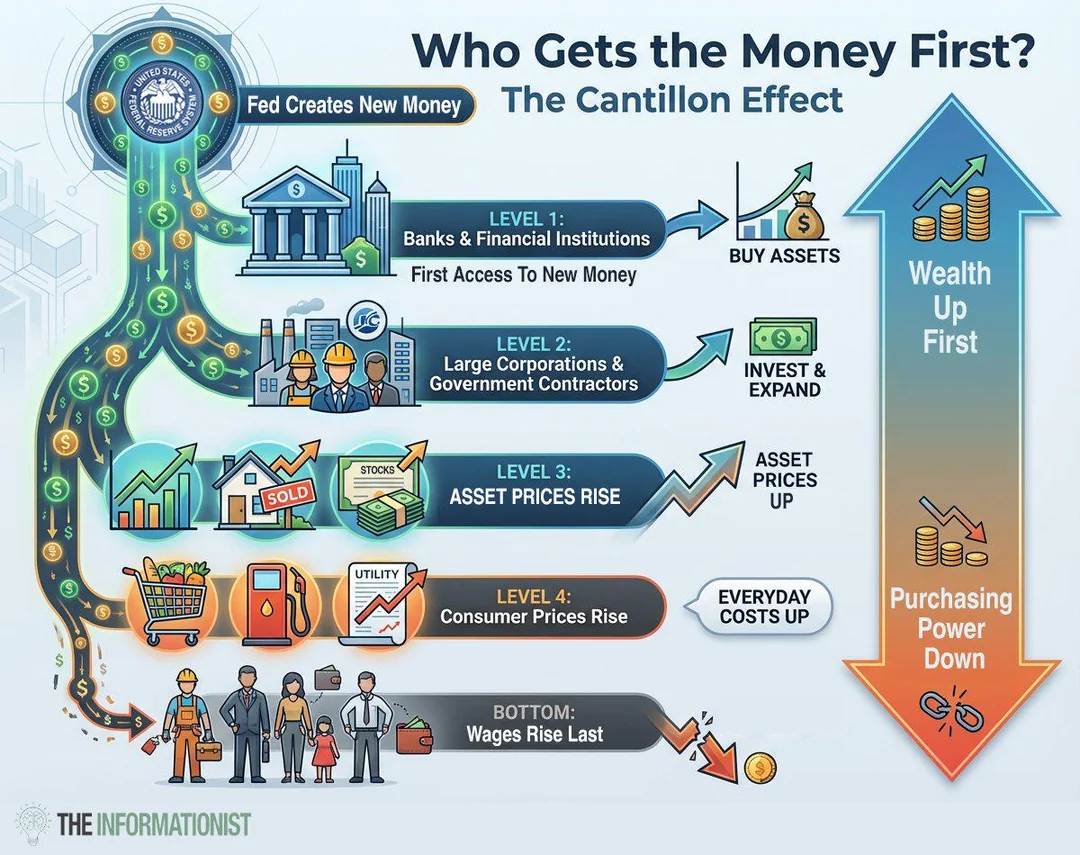 Diagram depicts new money reaching banks and corporations before wages, with asset and consumer prices rising along the way.